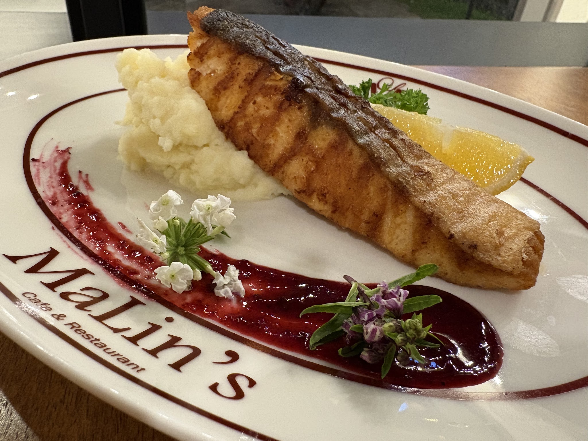 Pan-seared salmon steak at MaLin's Cafe